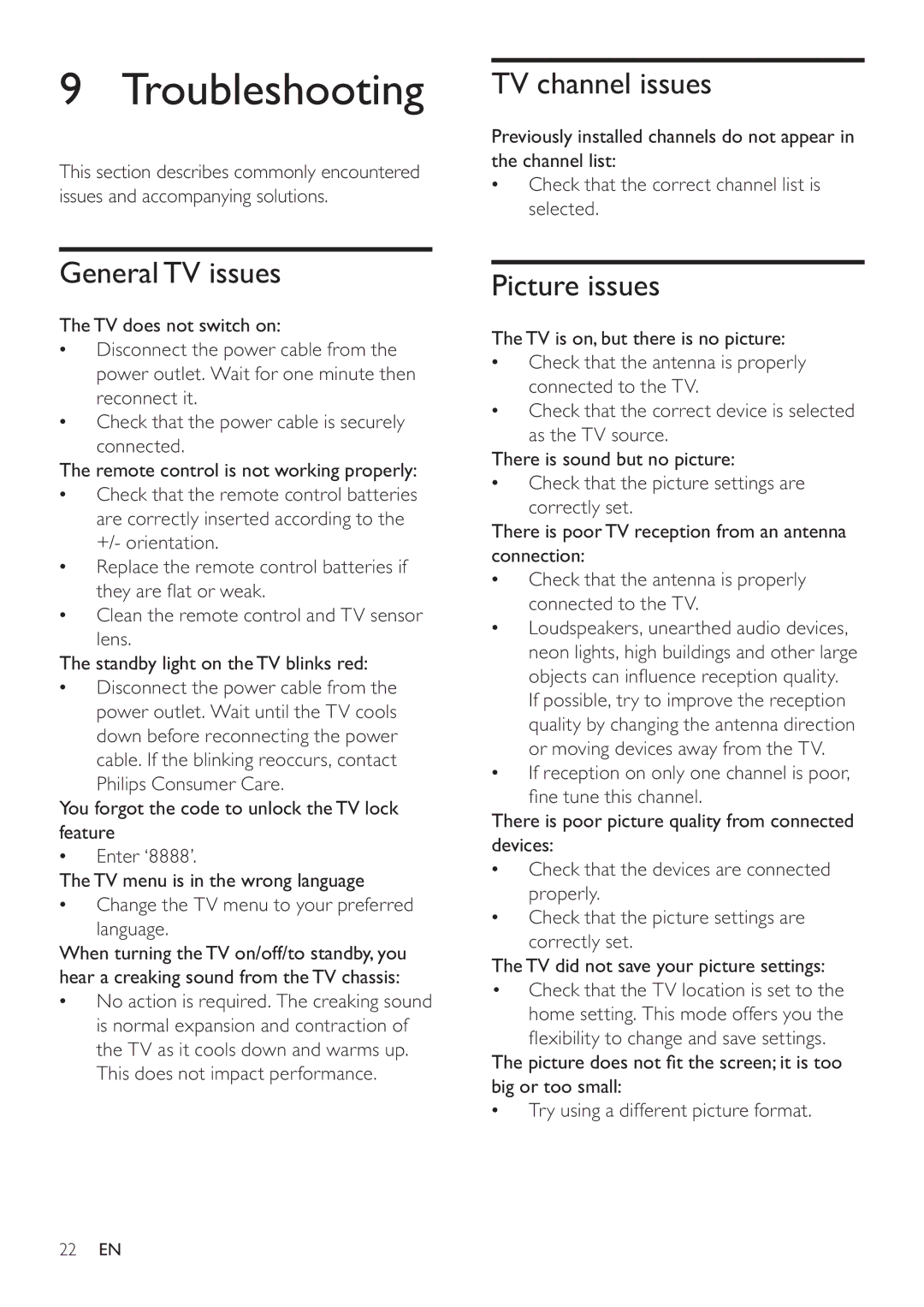 Philips 22PFL3409/93 user manual Troubleshooting, TV channel issues, General TV issues, Picture issues 