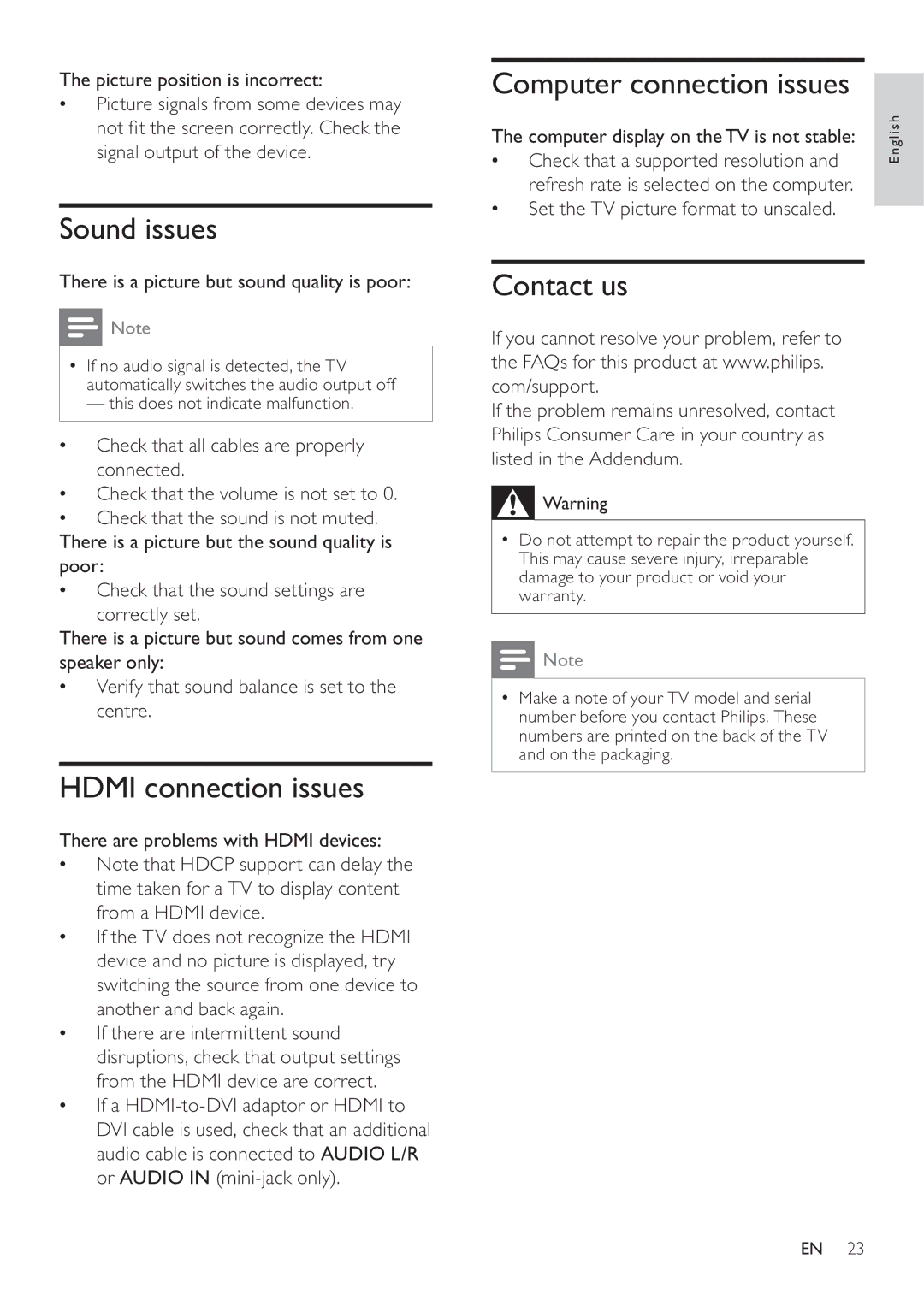 Philips 22PFL3409/93 user manual Sound issues, Hdmi connection issues, Computer connection issues, Contact us 