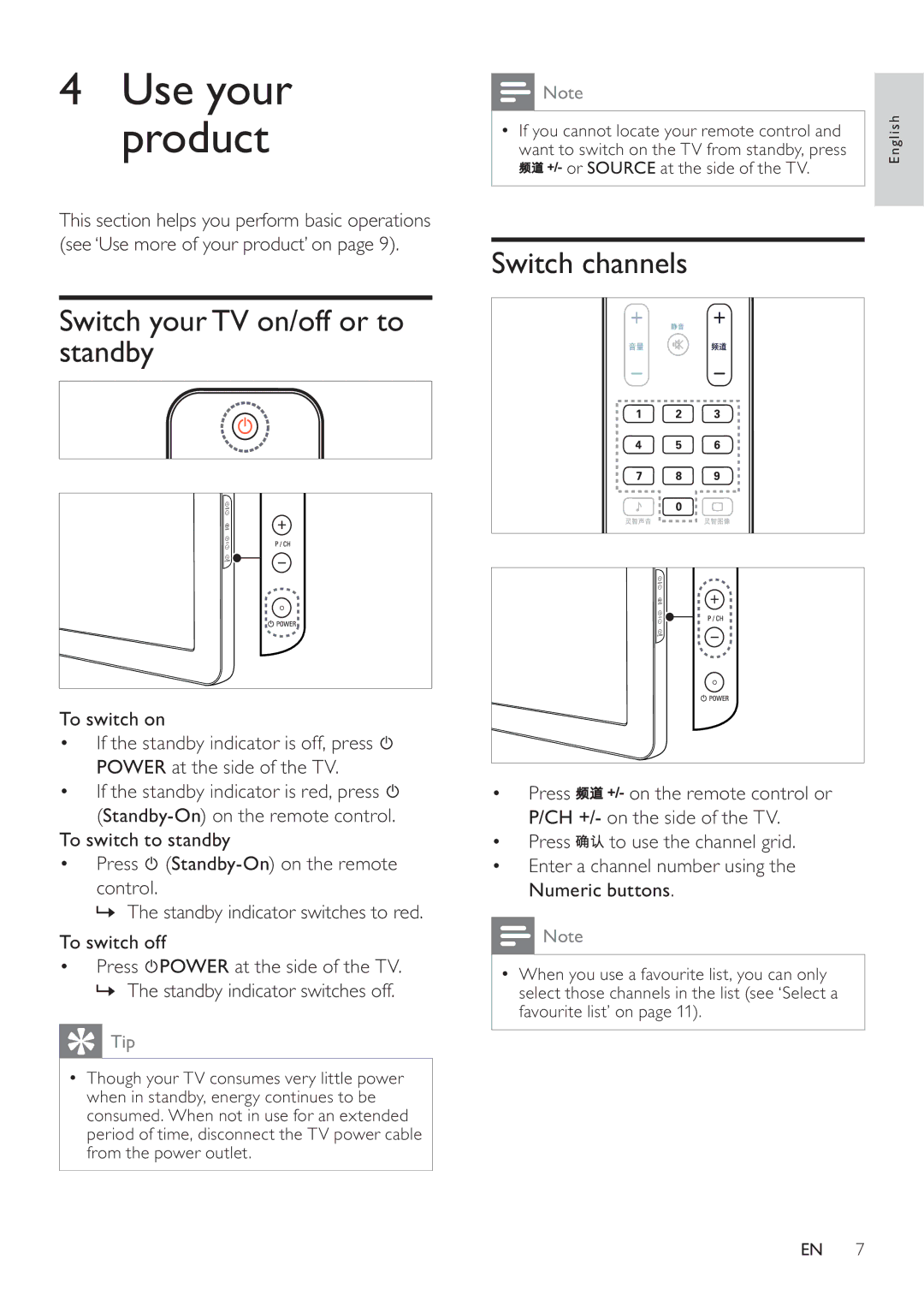 Philips 22PFL3409/93 user manual Switch your TV on/off or to standby, Switch channels 