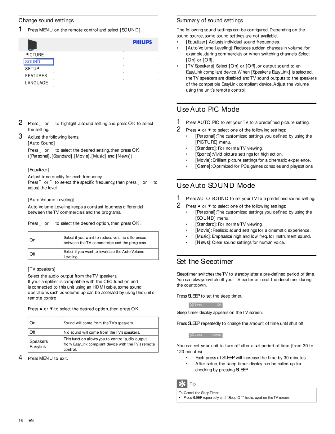 Philips 22PFL3504D/F7E user manual Use Auto PIC Mode, Use Auto Sound Mode, Set the Sleeptimer, Change sound settings 