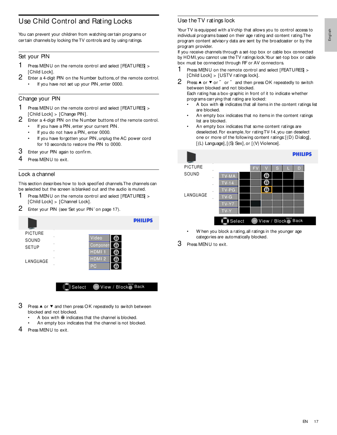 Philips 22PFL3504D/F7E user manual Use Child Control and Rating Locks, Set your PIN, Change your PIN, Lock a channel 