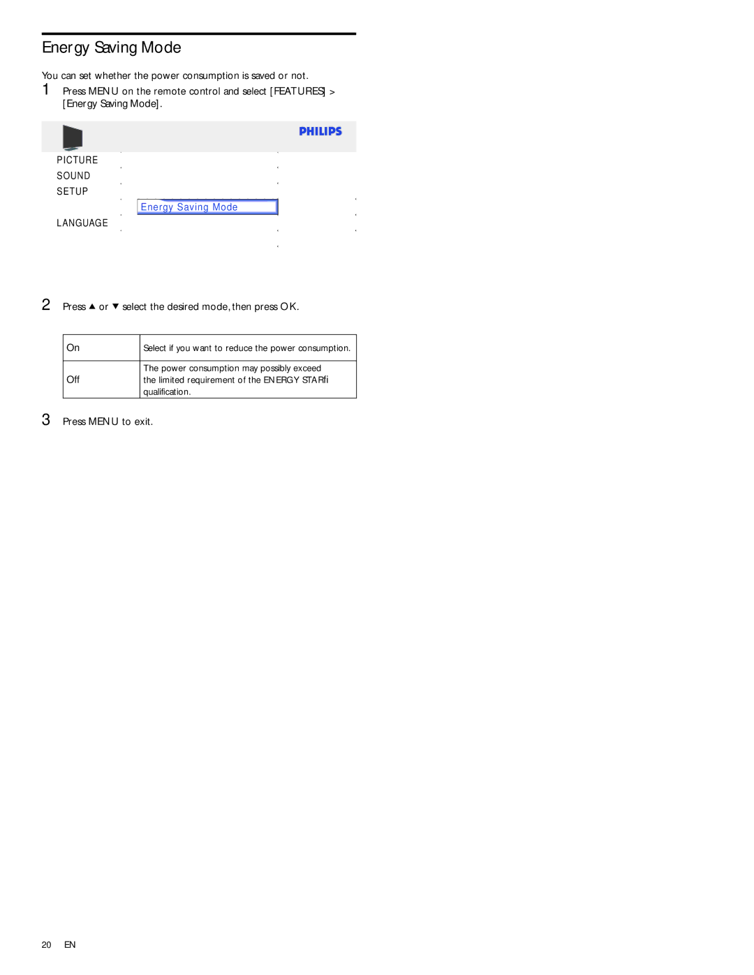 Philips 22PFL3504D/F7E user manual Energy Saving Mode, Press or select the desired mode, then press OK 