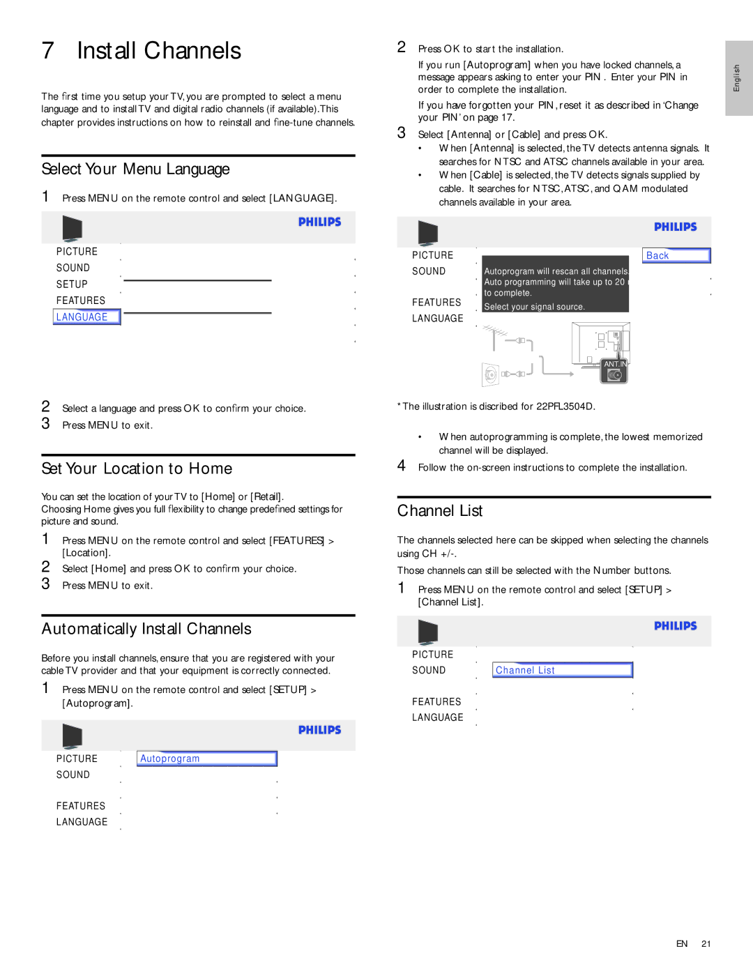 Philips 22PFL3504D/F7E user manual Install Channels, Select Your Menu Language, Set Your Location to Home, Channel List 