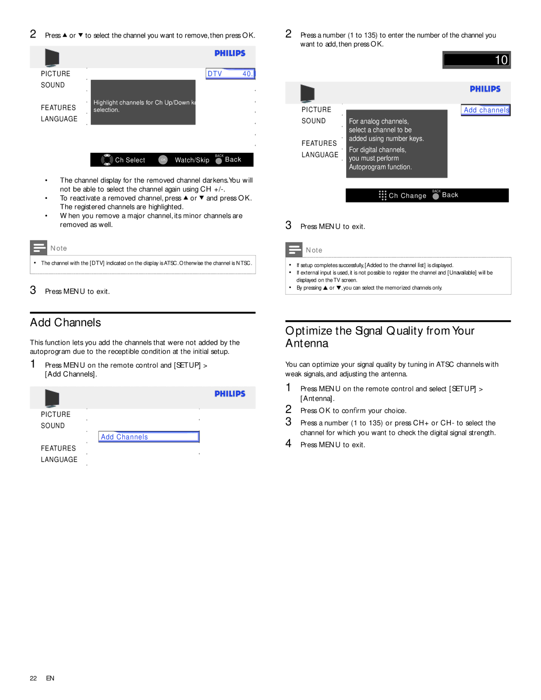 Philips 22PFL3504D/F7E user manual Add Channels, Optimize the Signal Quality from Your Antenna 