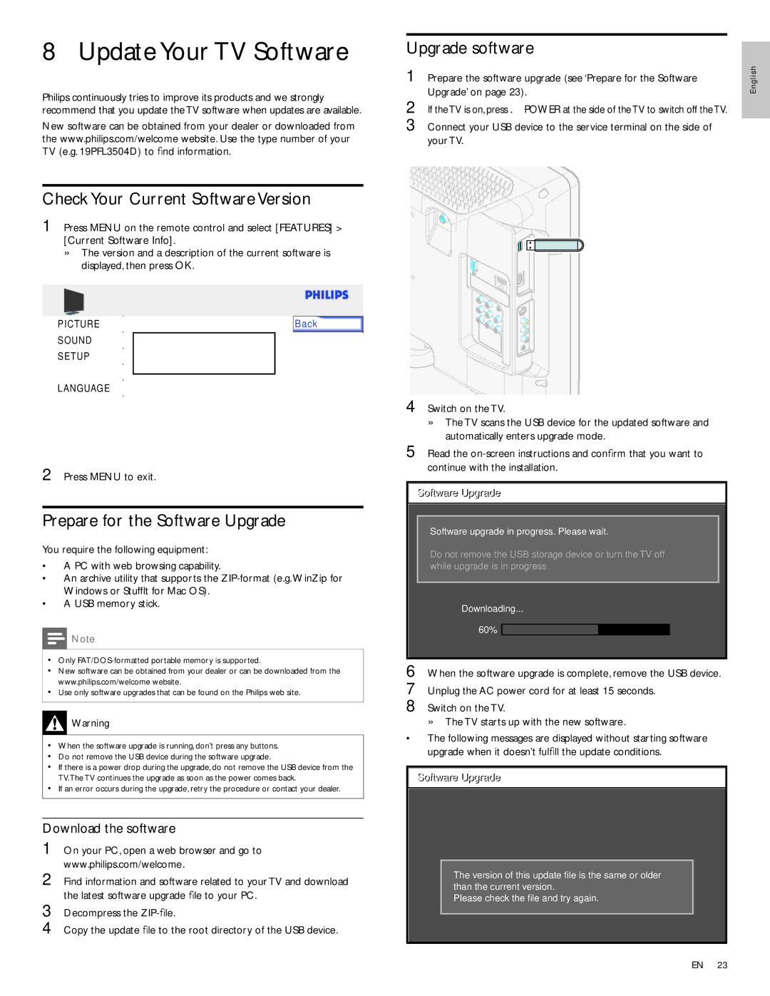 Philips 22PFL3504D/F7E Update Your TV Software, Check Your Current Software Version, Prepare for the Software Upgrade 