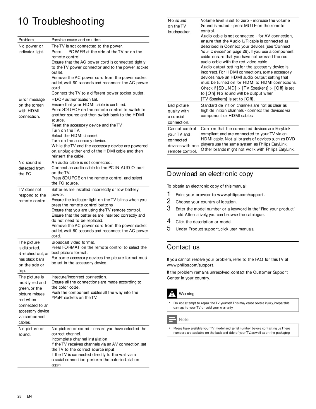 Philips 22PFL3504D/F7E user manual Troubleshooting, Download an electronic copy, Contact us 