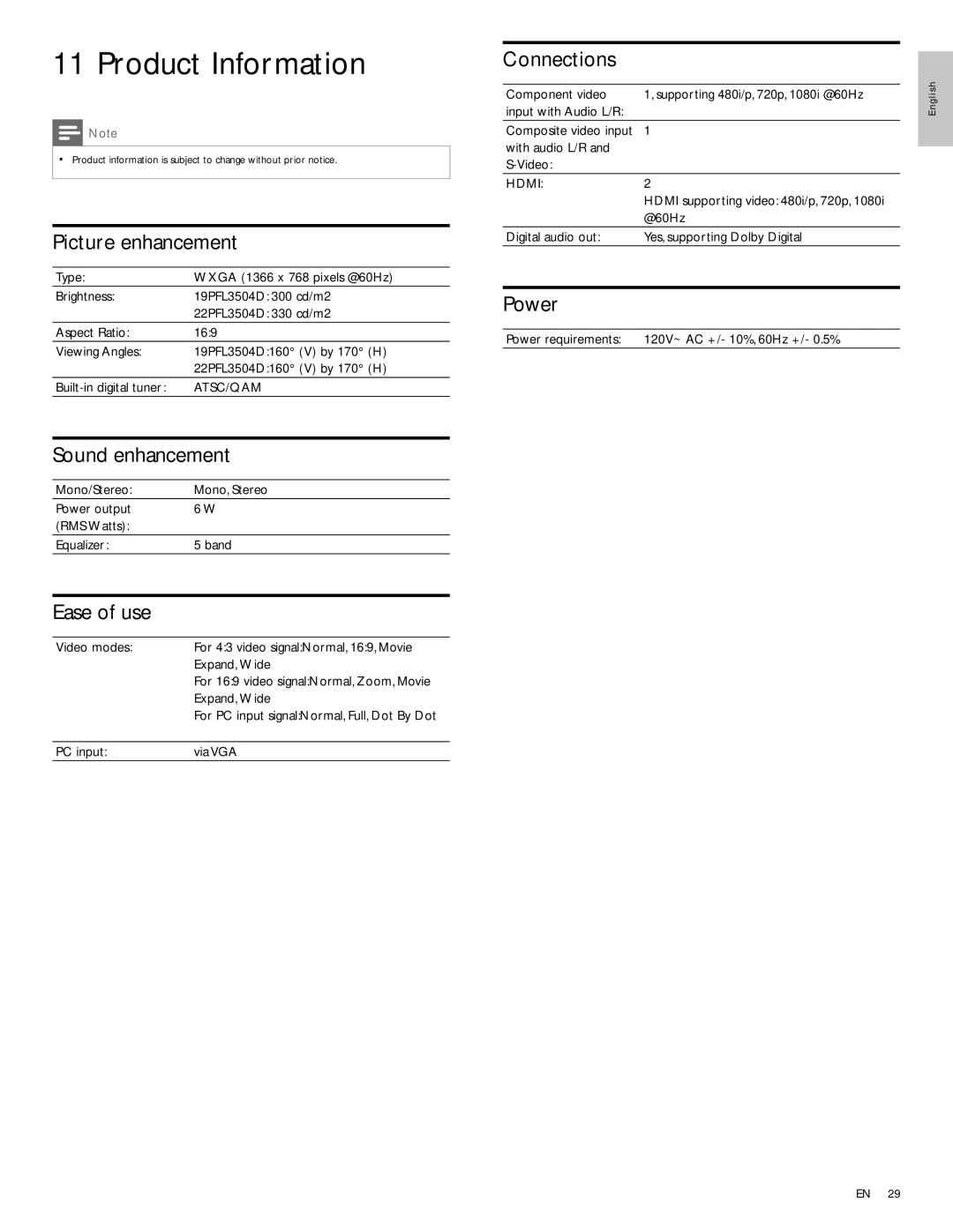 Philips 22PFL3504D/F7E user manual Product Information 