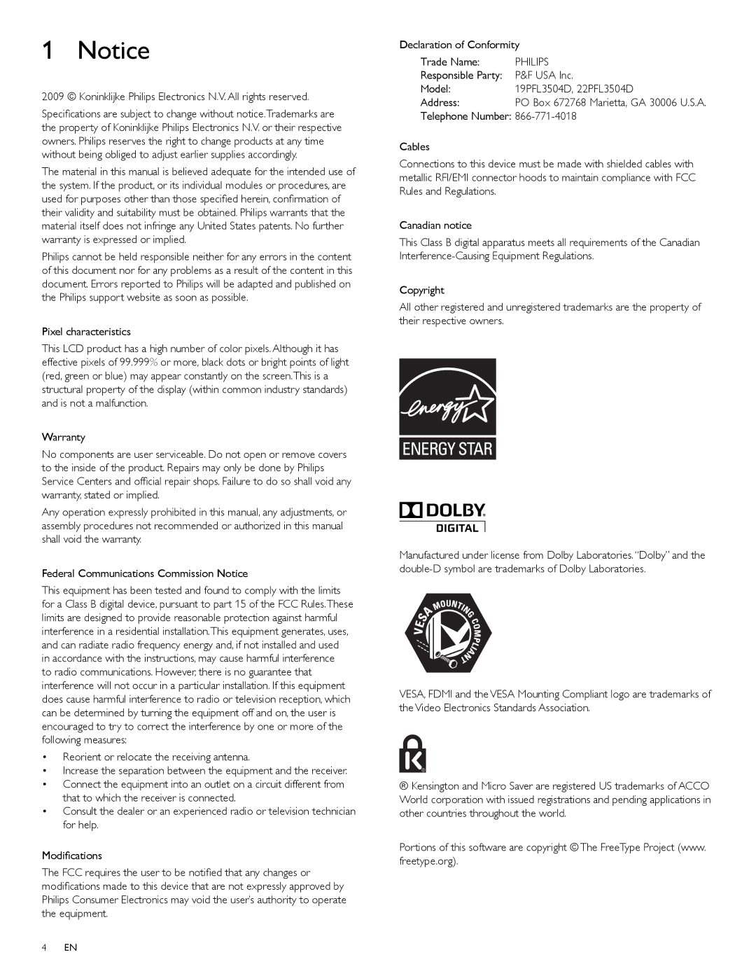 Philips 22PFL3504D/F7E user manual Koninklijke Philips Electronics N.V. All rights reserved, USA Inc 