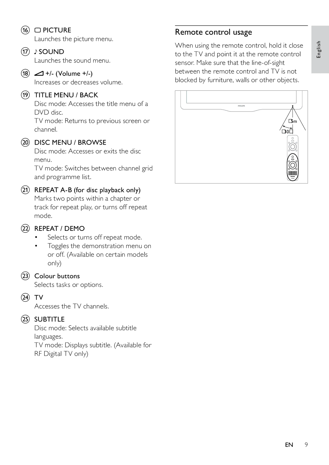 Philips 22PFL3805H user manual Remote control usage 