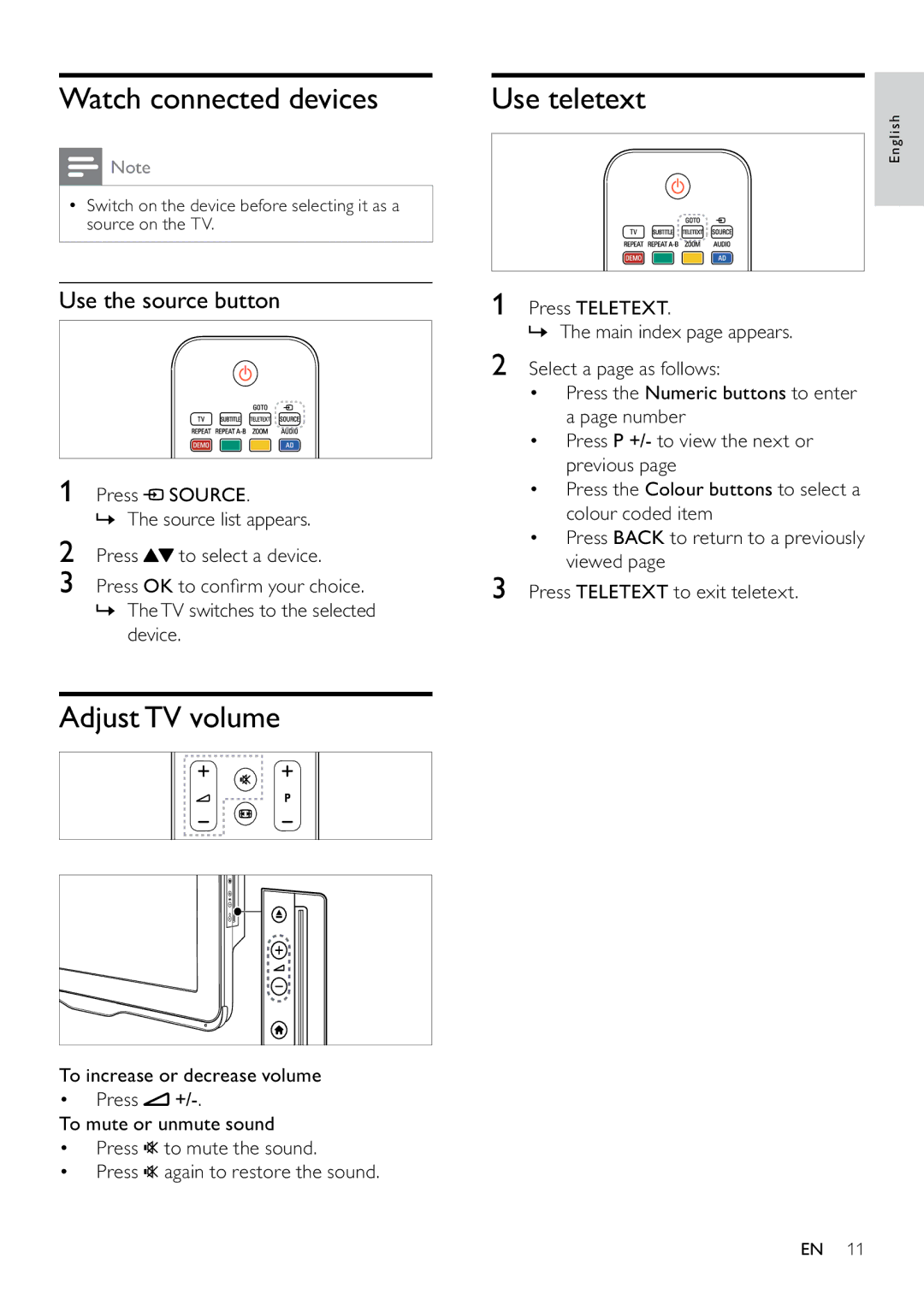 Philips 22PFL3805H user manual Watch connected devices, Adjust TV volume, Use the source button 