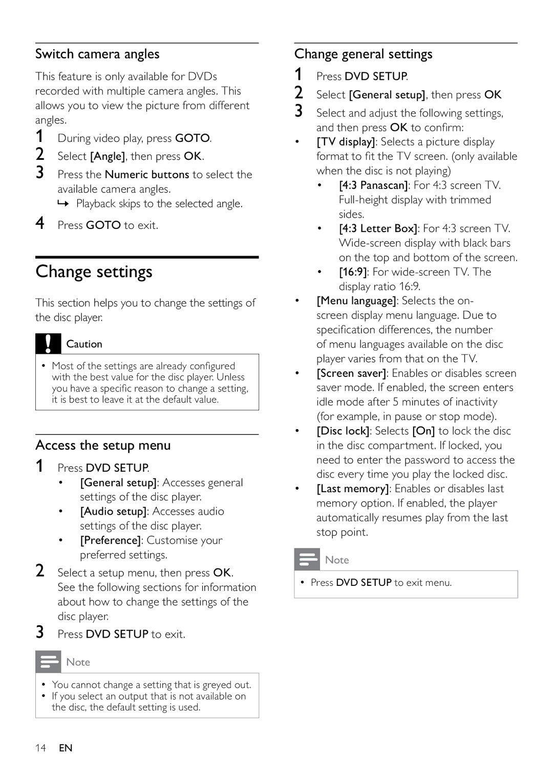 Philips 22PFL3805H user manual Change settings, Switch camera angles, Access the setup menu, Change general settings 