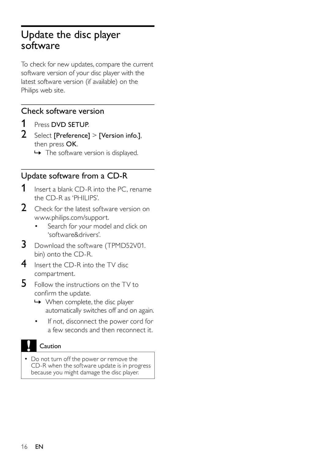 Philips 22PFL3805H user manual Update the disc player software, Check software version, Update software from a CD-R 