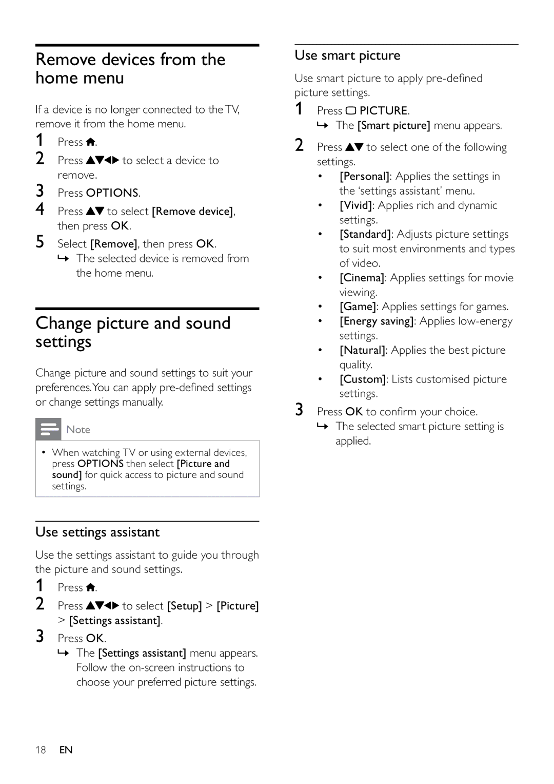 Philips 22PFL3805H user manual Remove devices from the home menu, Change picture and sound settings, Use settings assistant 