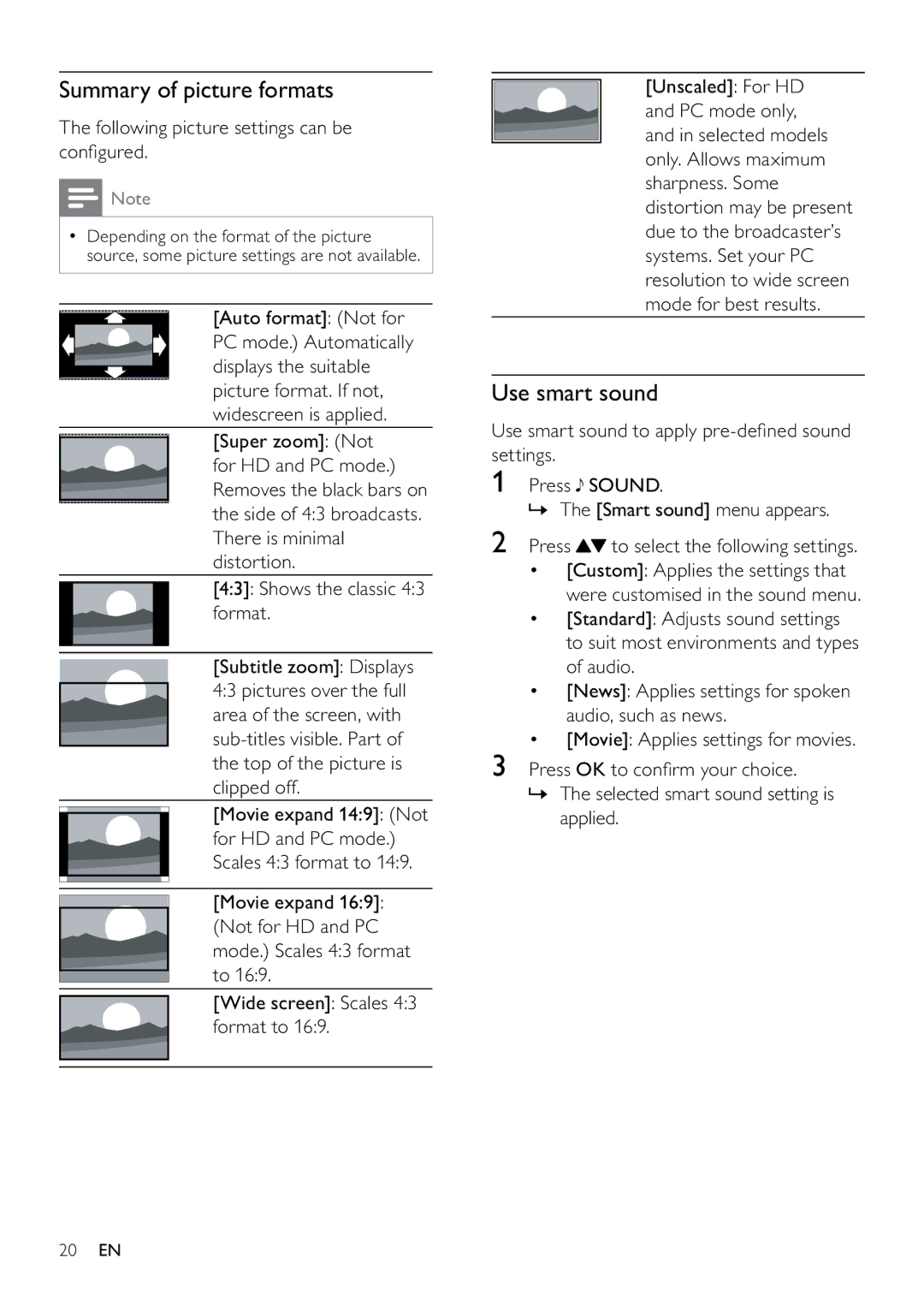 Philips 22PFL3805H user manual Summary of picture formats, Use smart sound, Following picture settings can be conﬁgured 