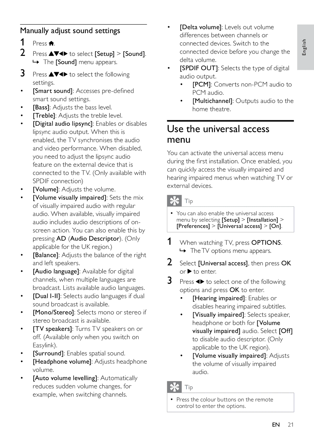 Philips 22PFL3805H user manual Use the universal access menu, Manually adjust sound settings 