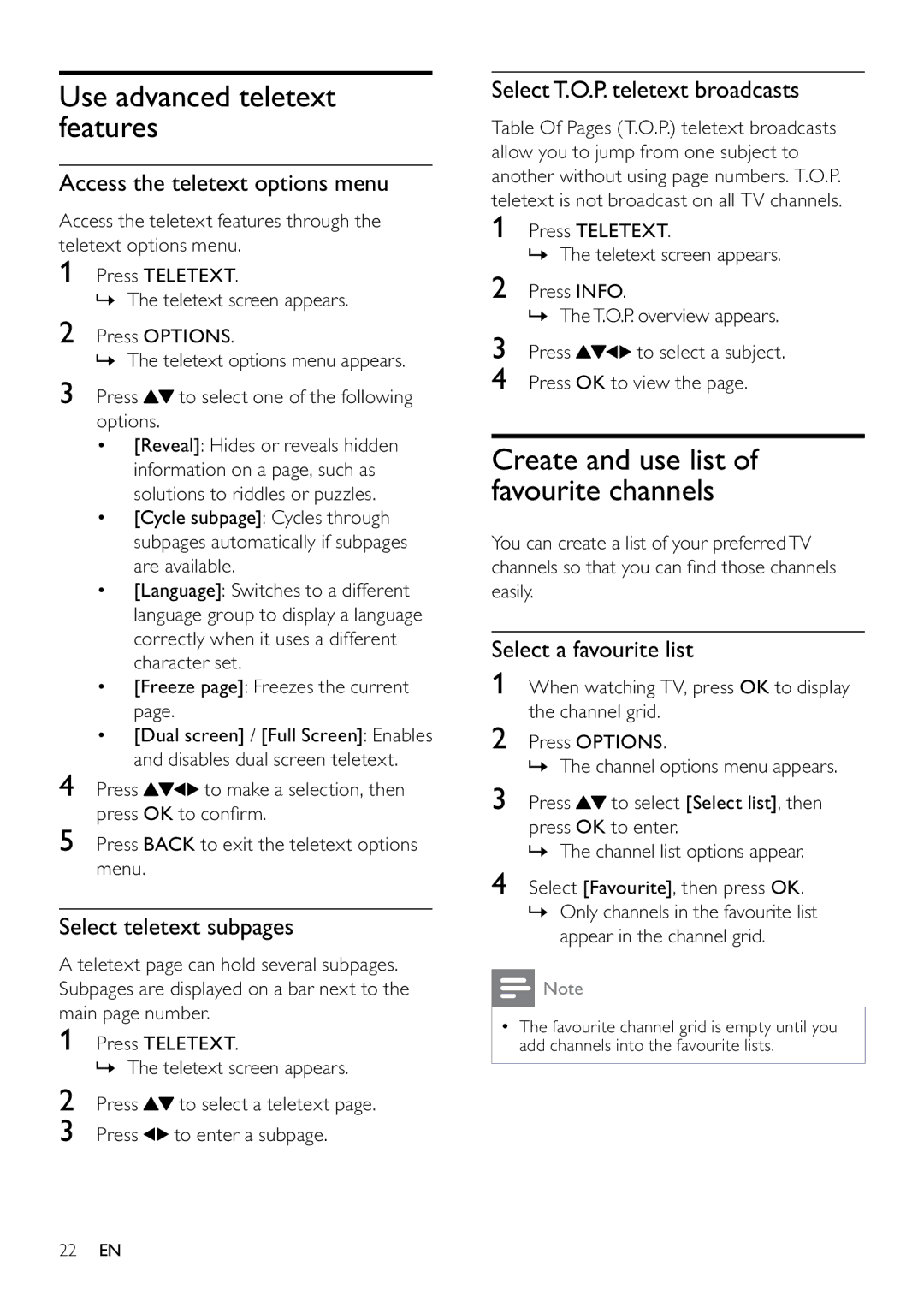 Philips 22PFL3805H user manual Use advanced teletext features, Access the teletext options menu, Select teletext subpages 