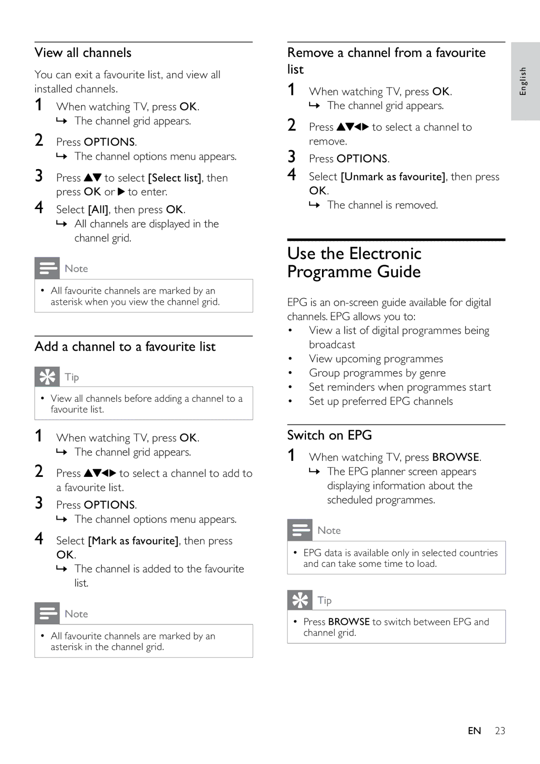 Philips 22PFL3805H Use the Electronic Programme Guide, View all channels, Add a channel to a favourite list, Switch on EPG 