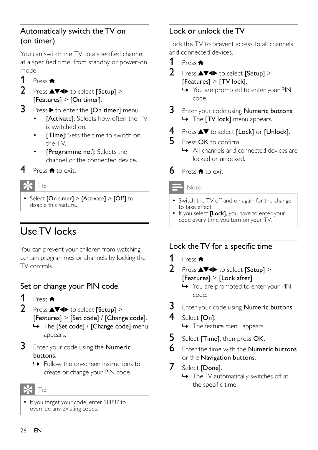 Philips 22PFL3805H user manual Use TV locks, Automatically switch the TV on on timer, Set or change your PIN code 