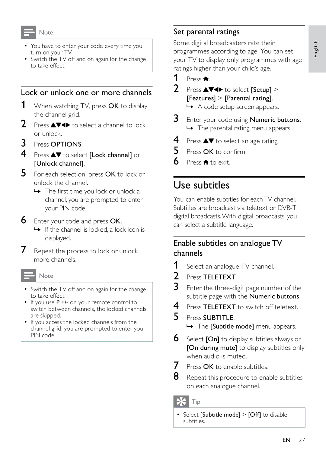 Philips 22PFL3805H user manual Use subtitles, Lock or unlock one or more channels, Set parental ratings 