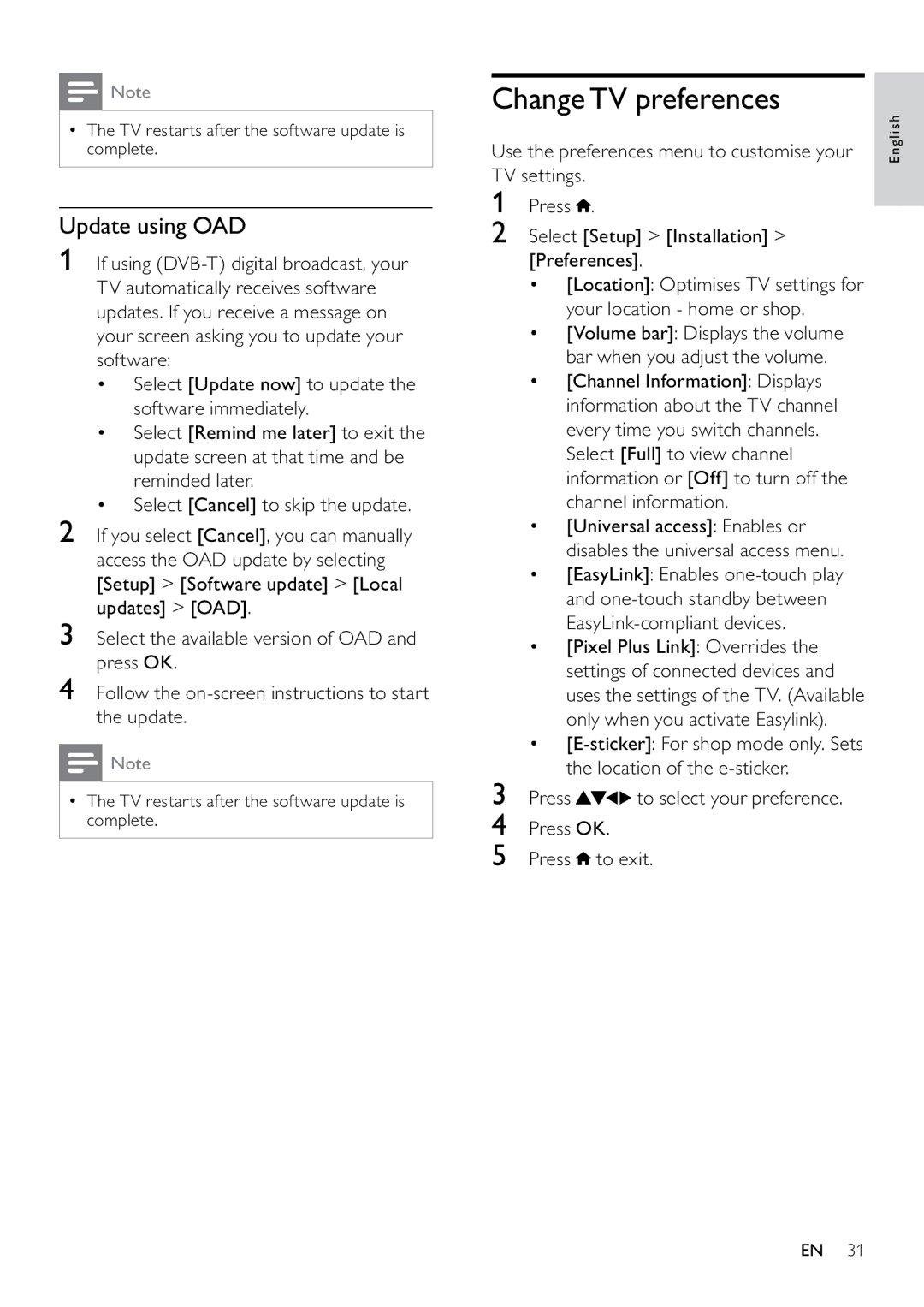 Philips 22PFL3805H user manual Change TV preferences, Update using OAD 