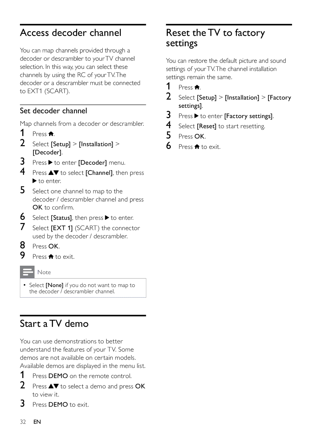 Philips 22PFL3805H Access decoder channel, Start a TV demo, Reset the TV to factory settings, Set decoder channel 