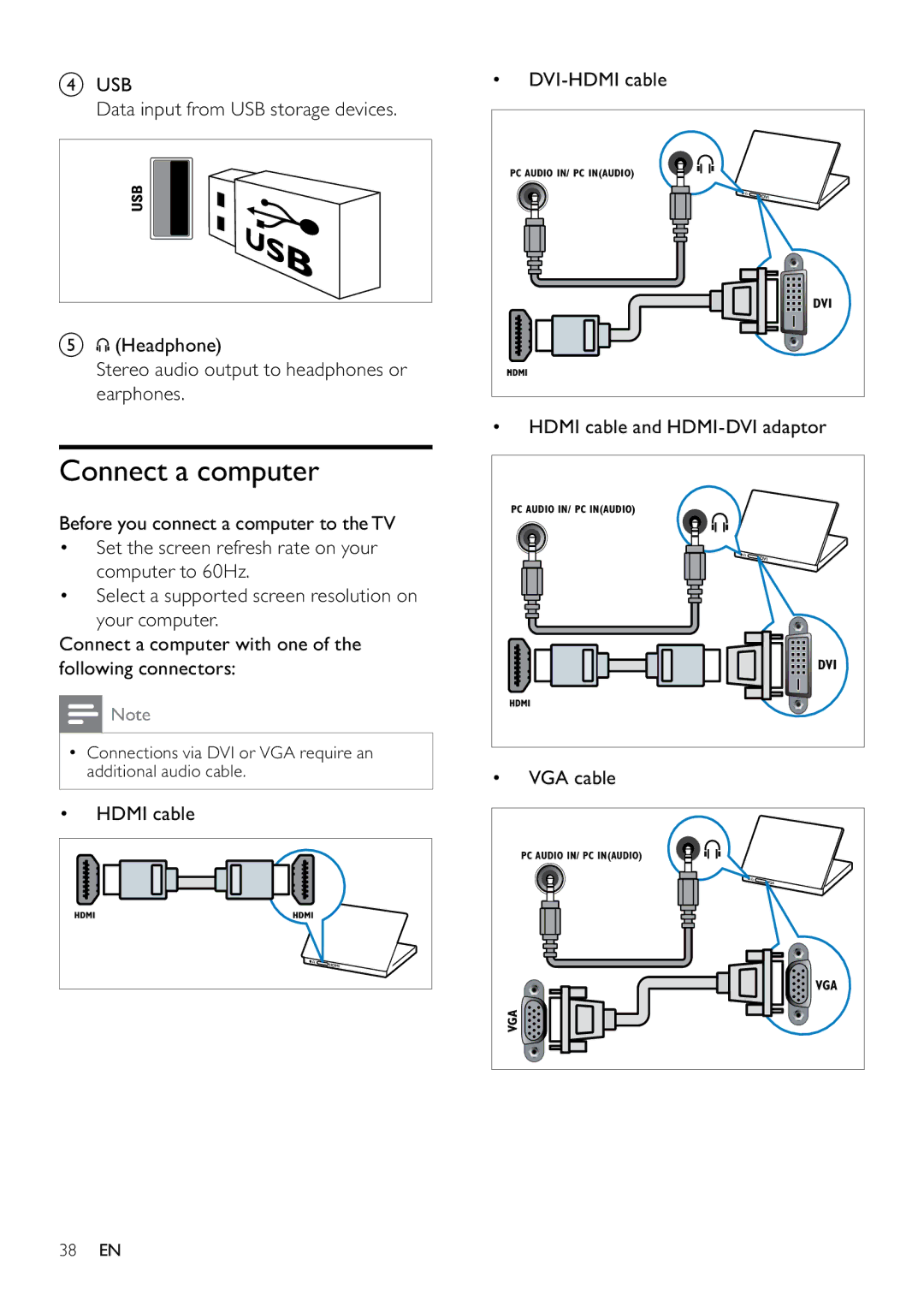 Philips 22PFL3805H user manual Connect a computer, Hdmi cable DVI-HDMI cable, Hdmi cable and HDMI-DVI adaptor, VGA cable 