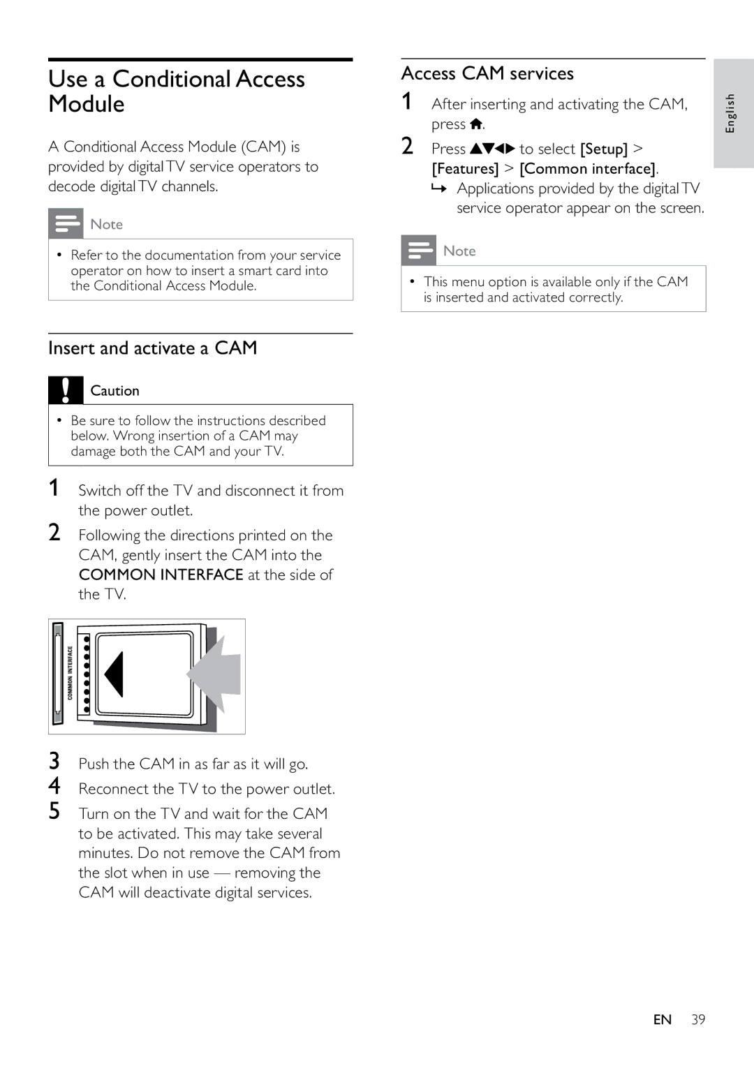 Philips 22PFL3805H user manual Use a Conditional Access Module, Insert and activate a CAM, Access CAM services 