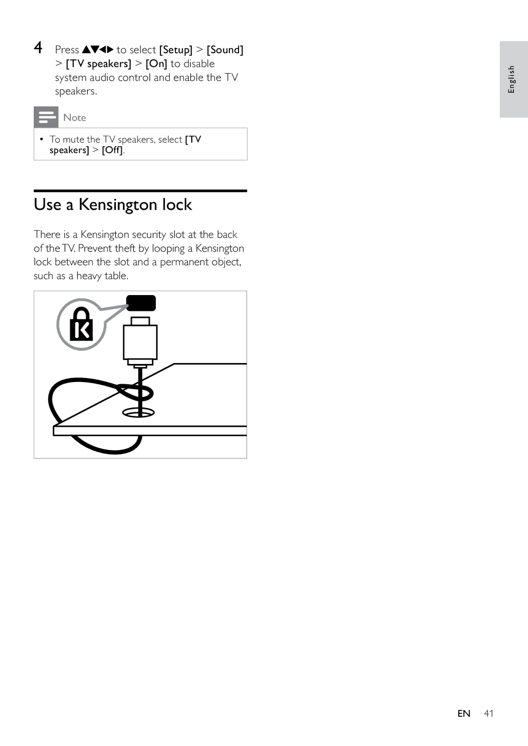 Philips 22PFL3805H user manual Use a Kensington lock, System audio control and enable the TV speakers 