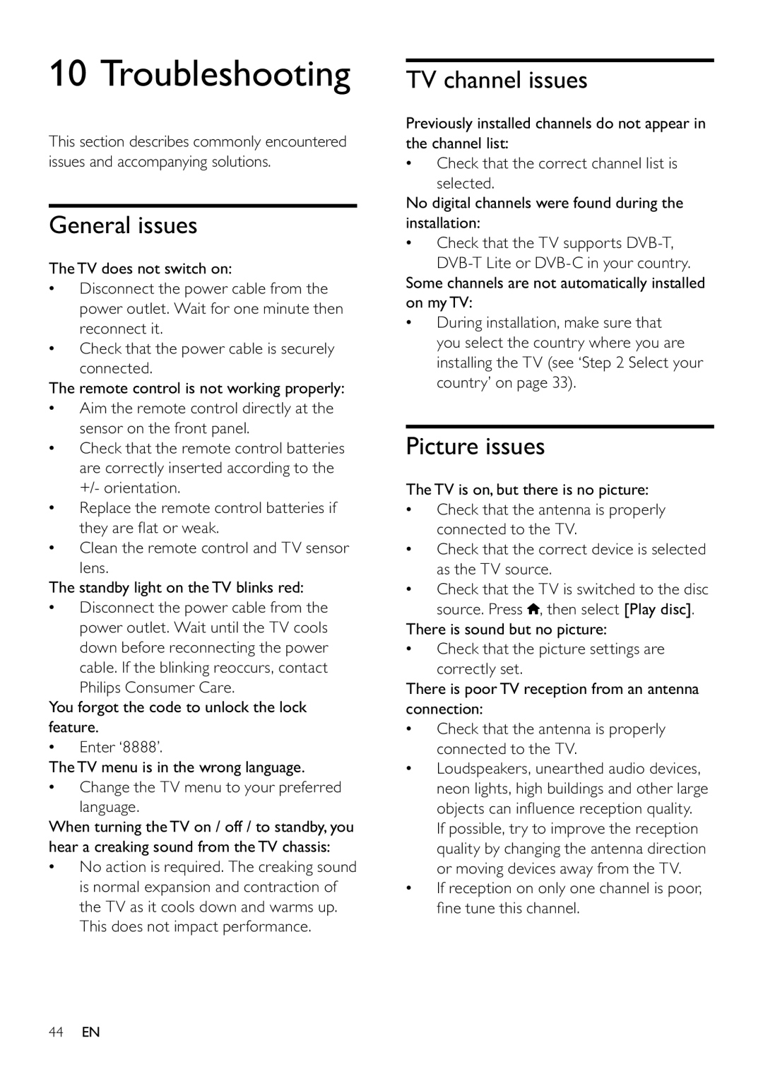 Philips 22PFL3805H user manual Troubleshooting, General issues, TV channel issues, Picture issues 