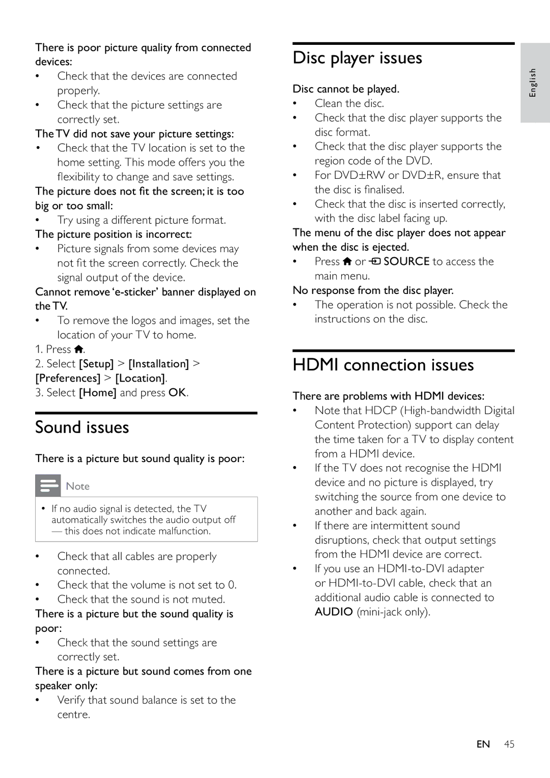 Philips 22PFL3805H user manual Sound issues, Disc player issues, Hdmi connection issues 