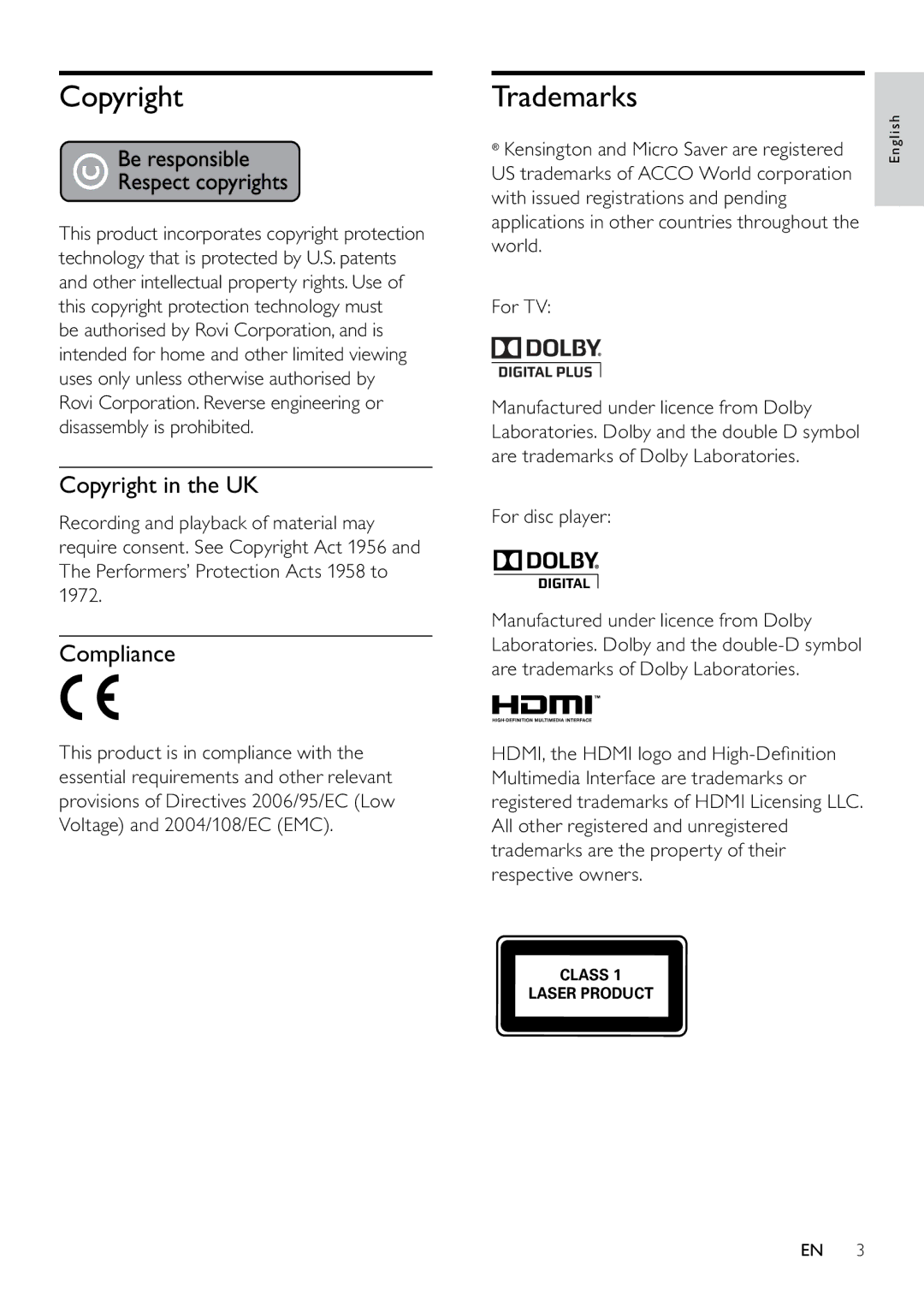 Philips 22PFL3805H user manual Trademarks, Copyright in the UK, Compliance 