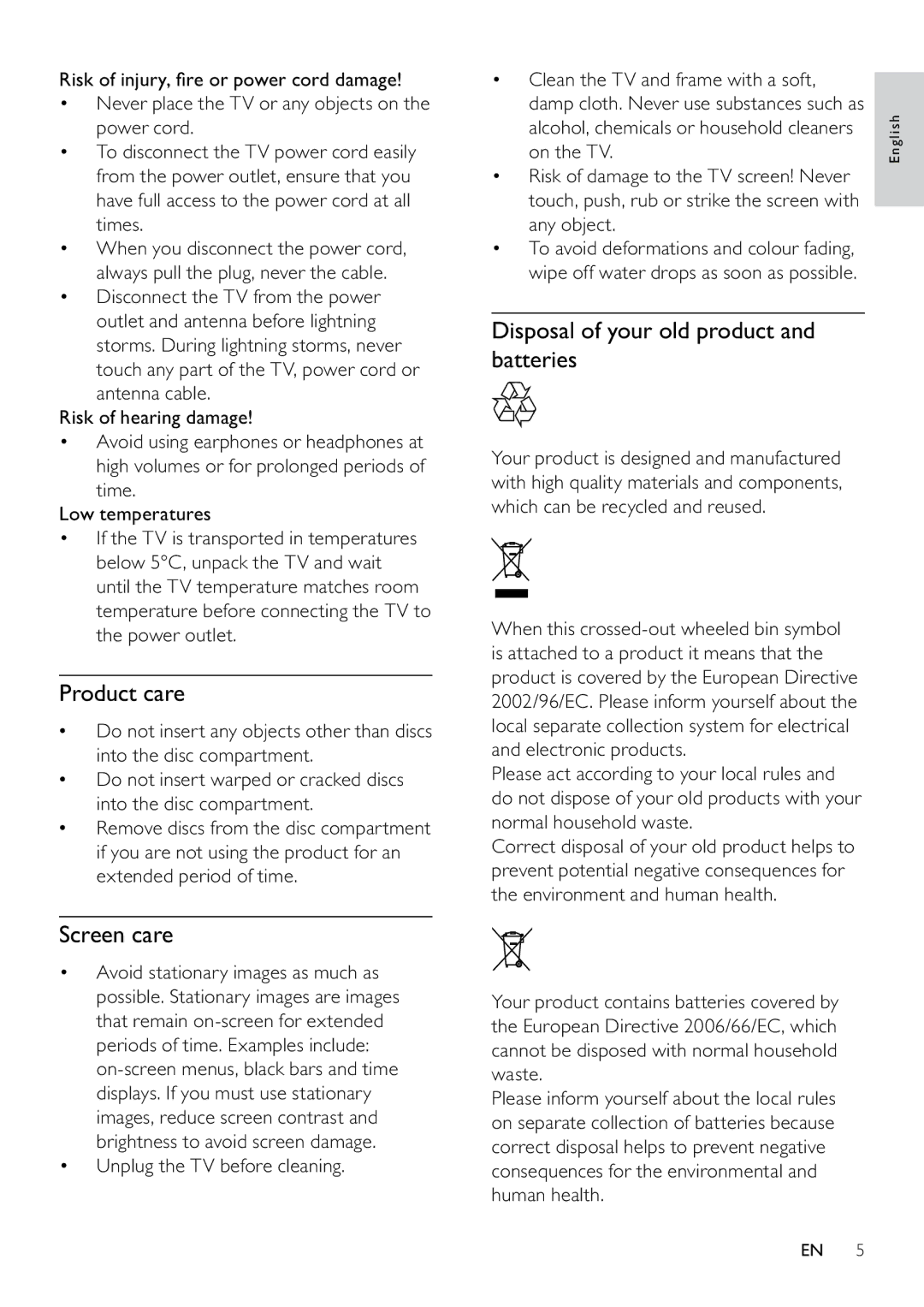 Philips 22PFL3805H user manual Product care, Screen care, Disposal of your old product and batteries 