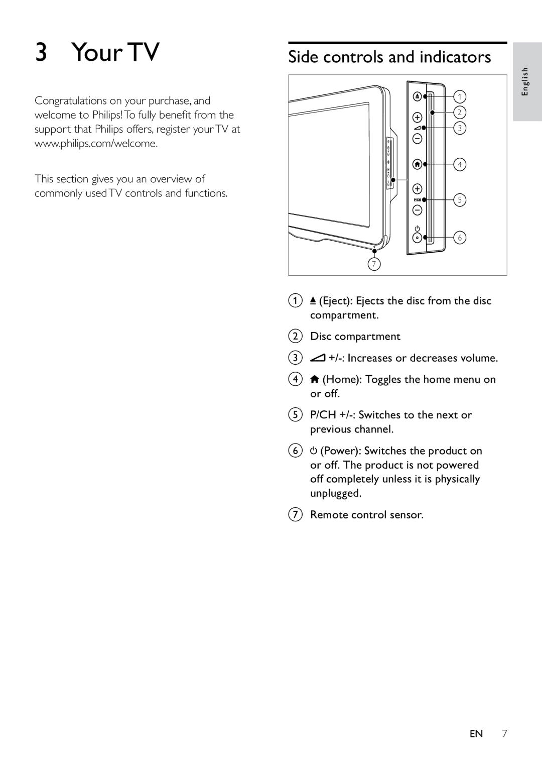 Philips 22PFL3805H user manual Your TV, Side controls and indicators 