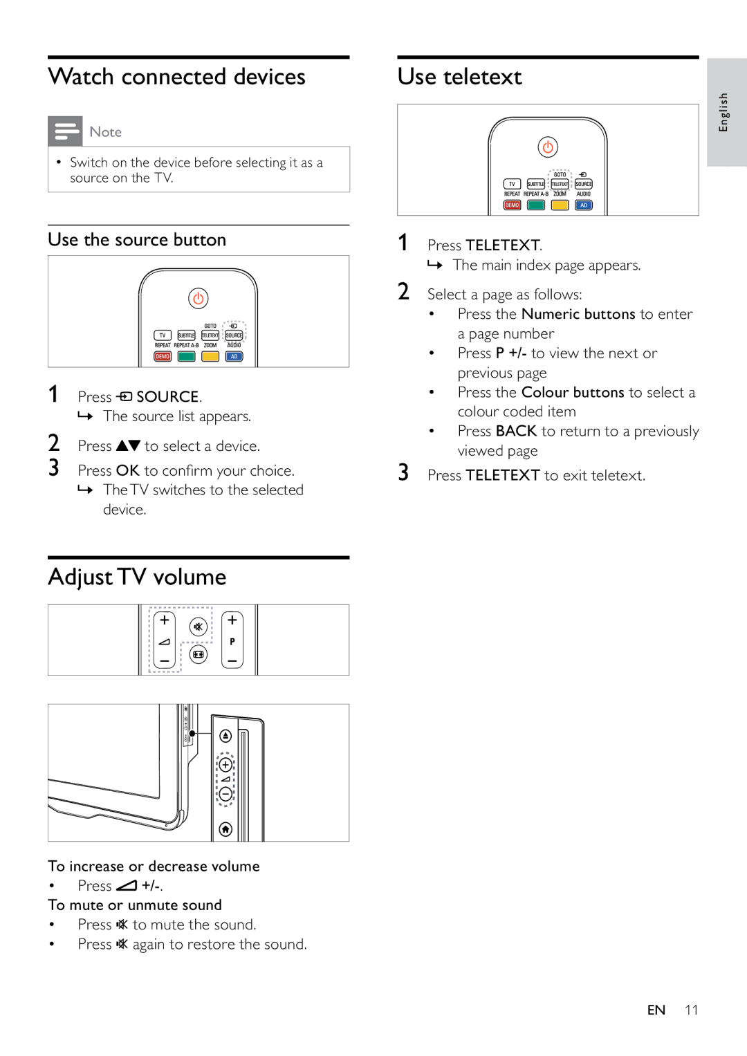 Philips 22PFL3805H/12 user manual Watch connected devices, Adjust TV volume, Use the source button 