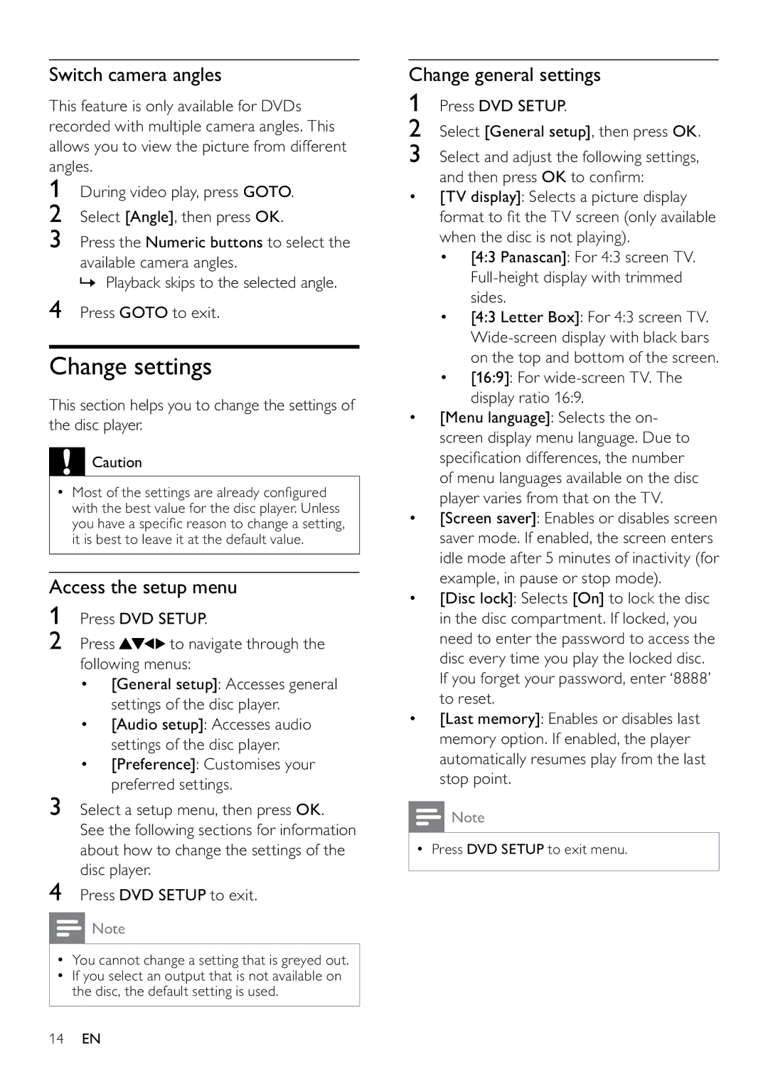 Philips 22PFL3805H/12 user manual Change settings, Switch camera angles, Access the setup menu, Change general settings 