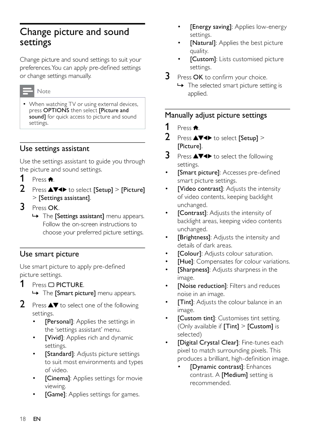 Philips 22PFL3805H/12 user manual Change picture and sound settings, Use settings assistant, Use smart picture 