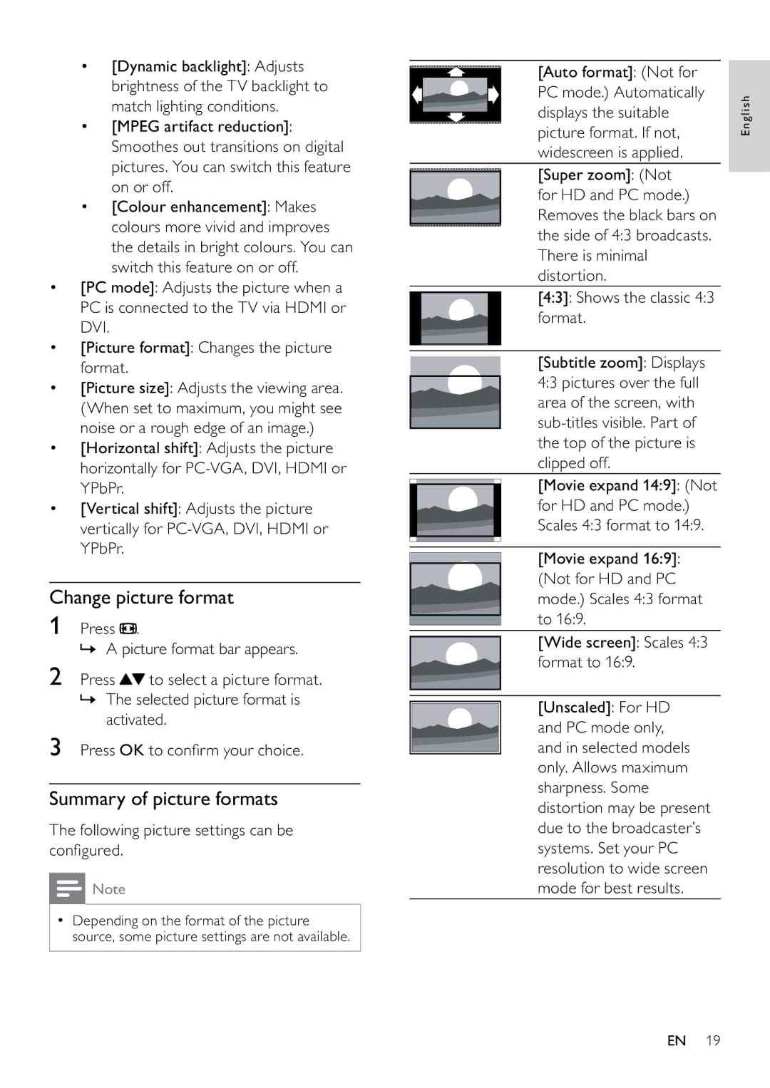 Philips 22PFL3805H/12 Change picture format, Summary of picture formats, Following picture settings can be conﬁgured 