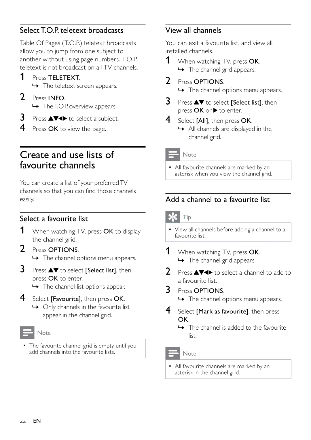 Philips 22PFL3805H/12 Create and use lists of favourite channels, Select T.O.P. teletext broadcasts, View all channels 