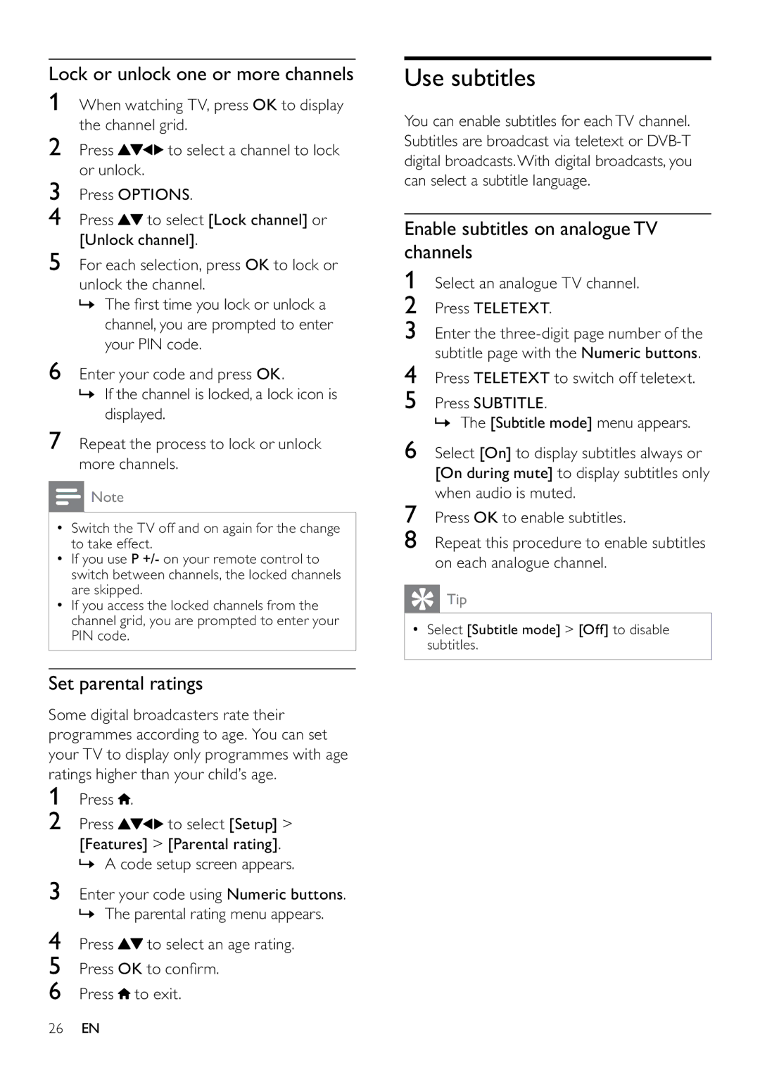 Philips 22PFL3805H/12 user manual Use subtitles, Lock or unlock one or more channels, Set parental ratings 