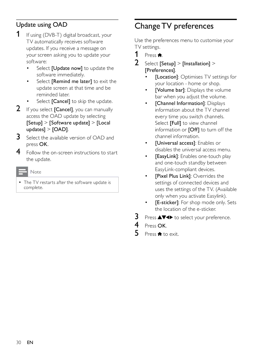 Philips 22PFL3805H/12 user manual Change TV preferences, Update using OAD 