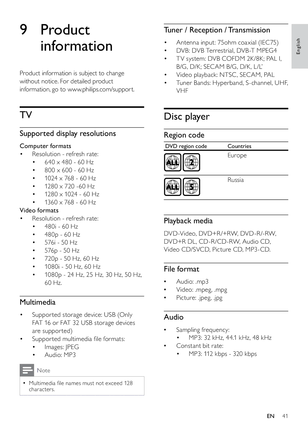 Philips 22PFL3805H/12 user manual Product information, Disc player 