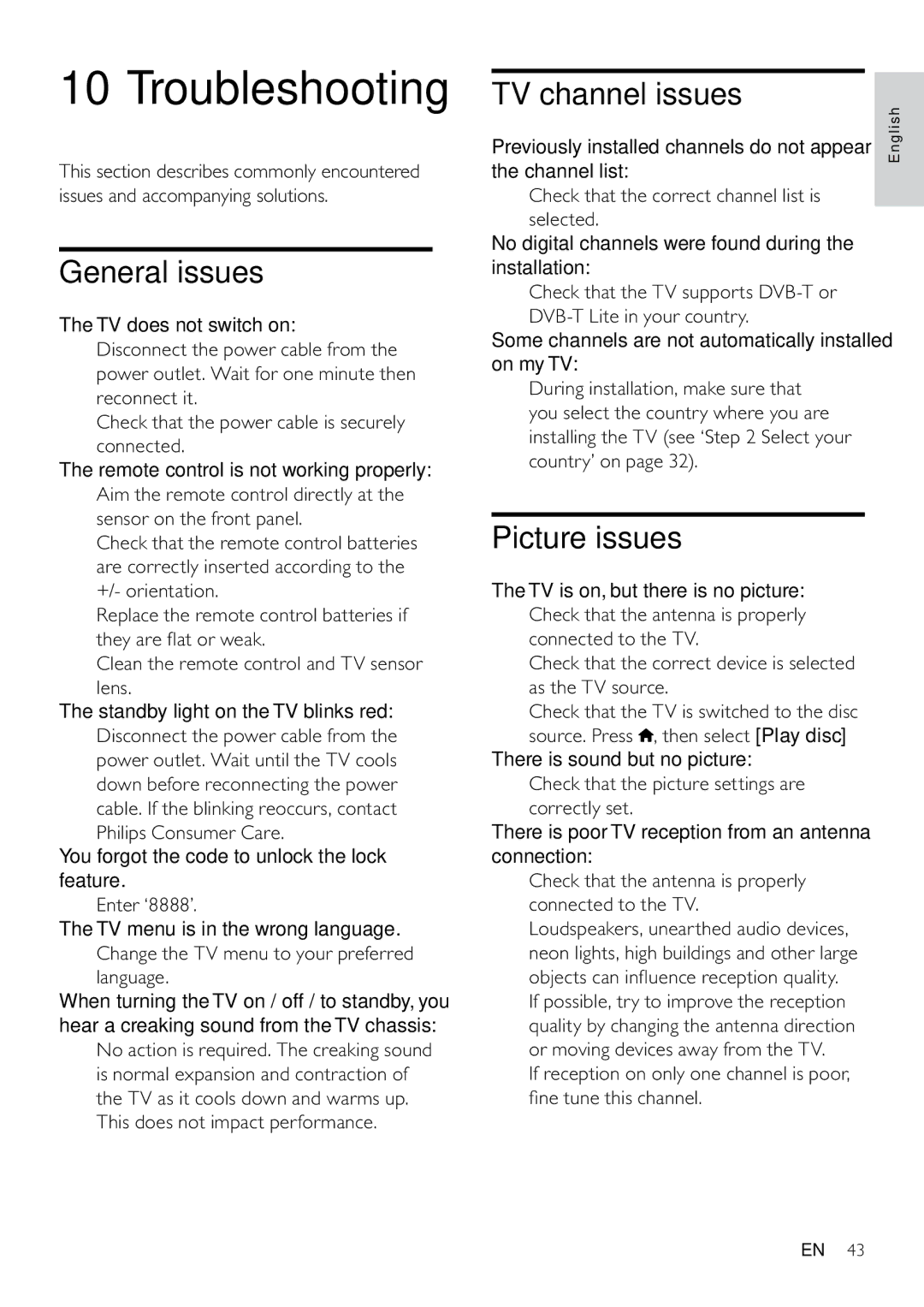 Philips 22PFL3805H/12 user manual Troubleshooting, General issues, TV channel issues, Picture issues 
