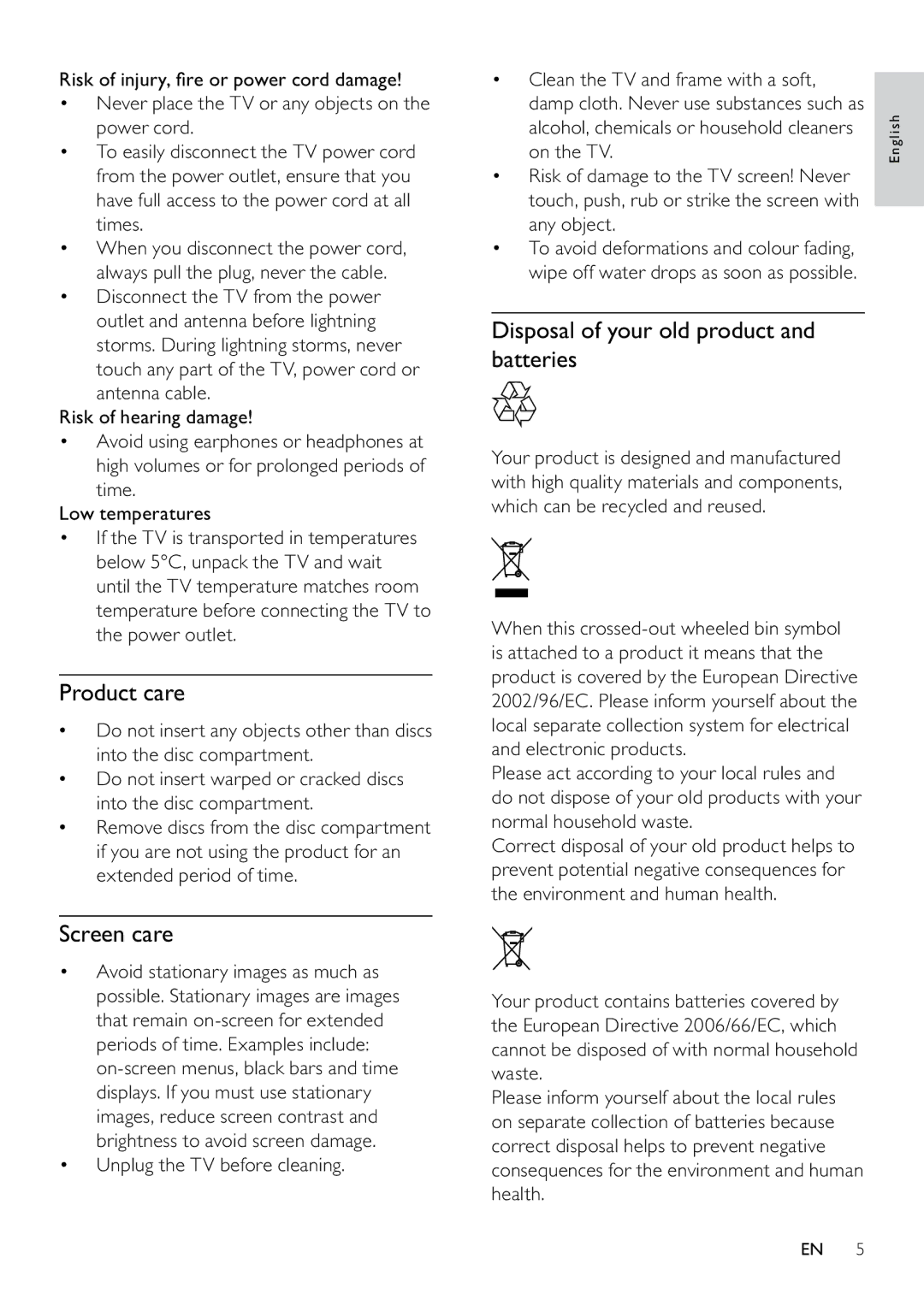 Philips 22PFL3805H/12 user manual Product care, Screen care, Disposal of your old product and batteries 