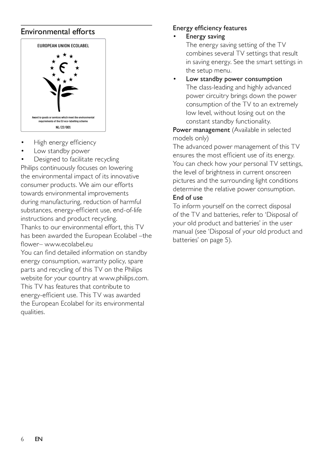 Philips 22PFL3805H/12 user manual Environmental efforts, High energy efﬁciency Low standby power 