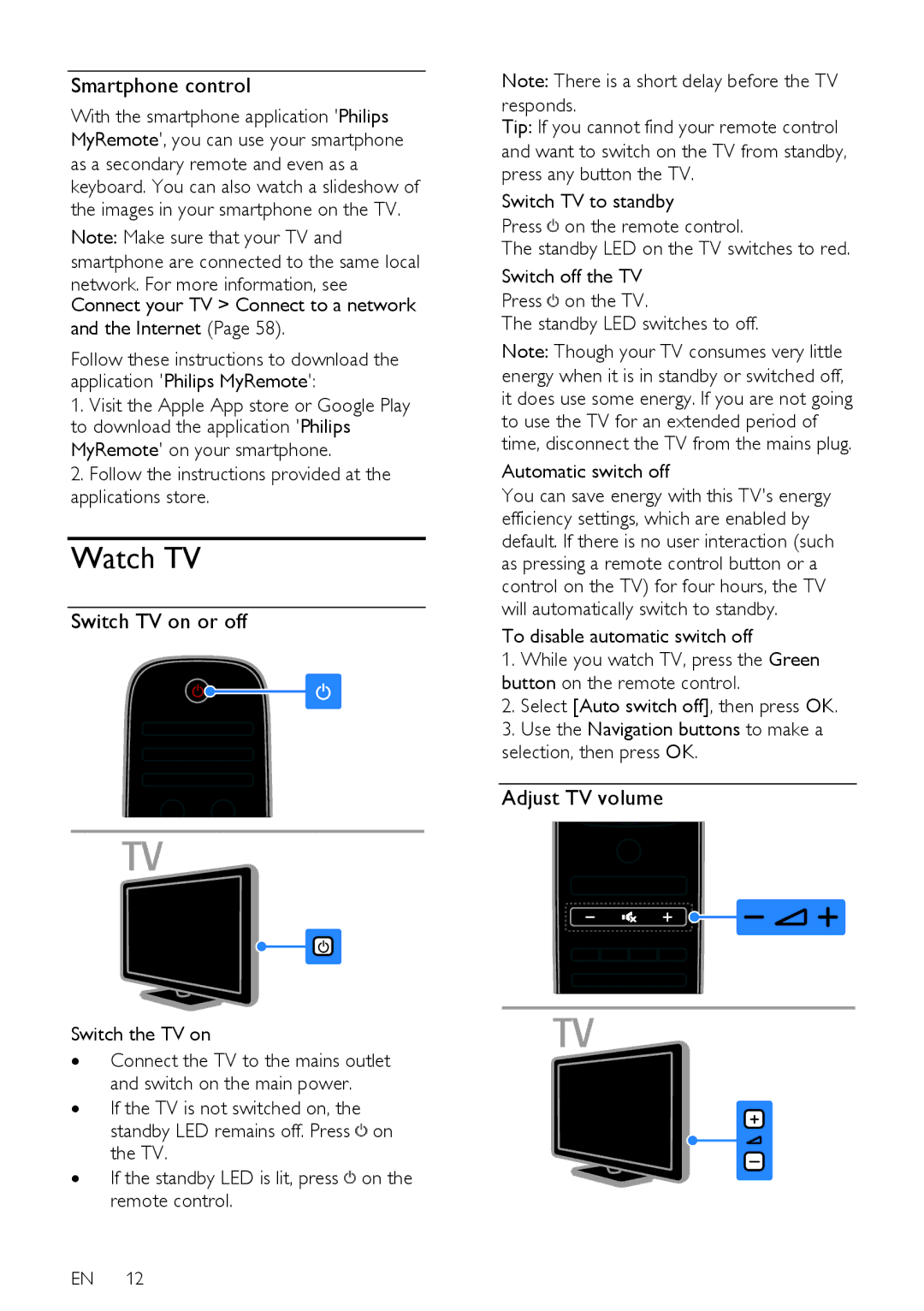 Philips 22PFL4208H/K/T, 24PFL42x8H/K/T user manual Watch TV, Smartphone control, Switch TV on or off, Adjust TV volume 