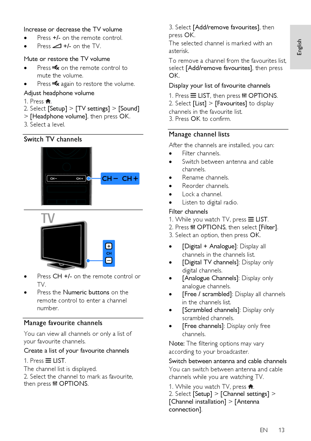 Philips 24PFL42x8H/K/T, 22PFL4208H/K/T user manual Switch TV channels, Manage favourite channels, Manage channel lists 