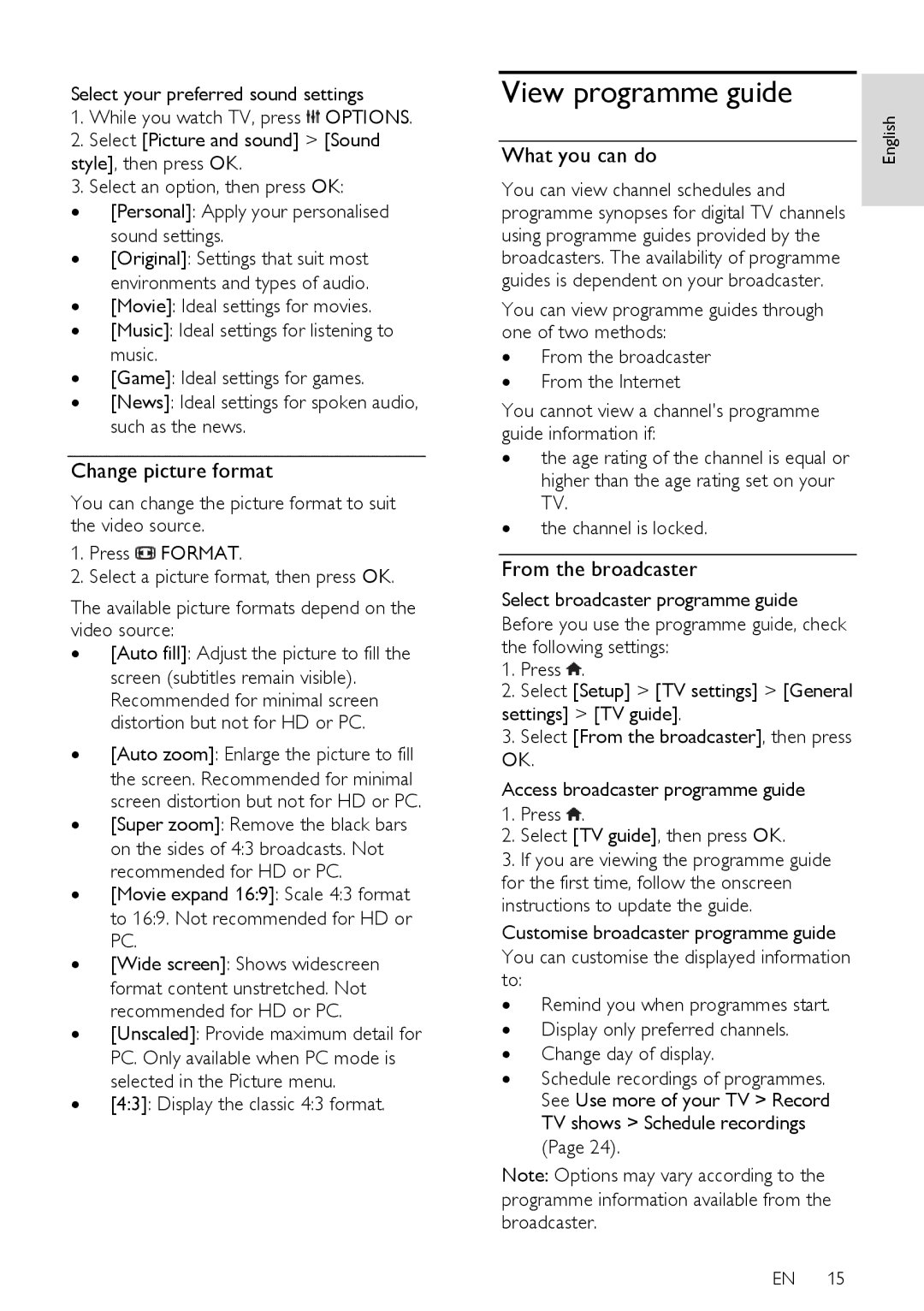 Philips 24PFL42x8H/K/T, 22PFL4208H/K/T View programme guide, Change picture format, What you can do, From the broadcaster 