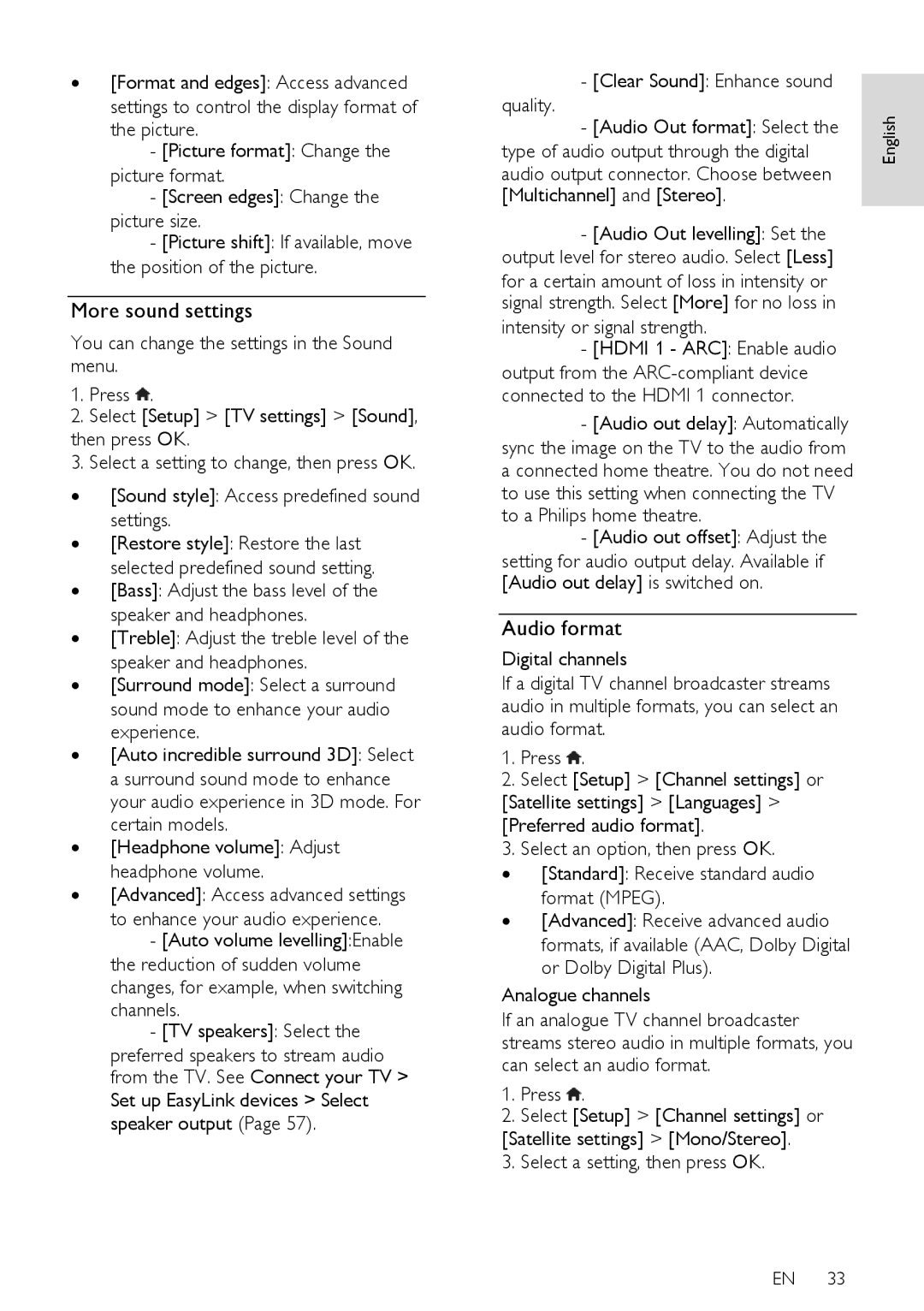 Philips 24PFL42x8H/K/T, 22PFL4208H/K/T user manual More sound settings, Audio format 