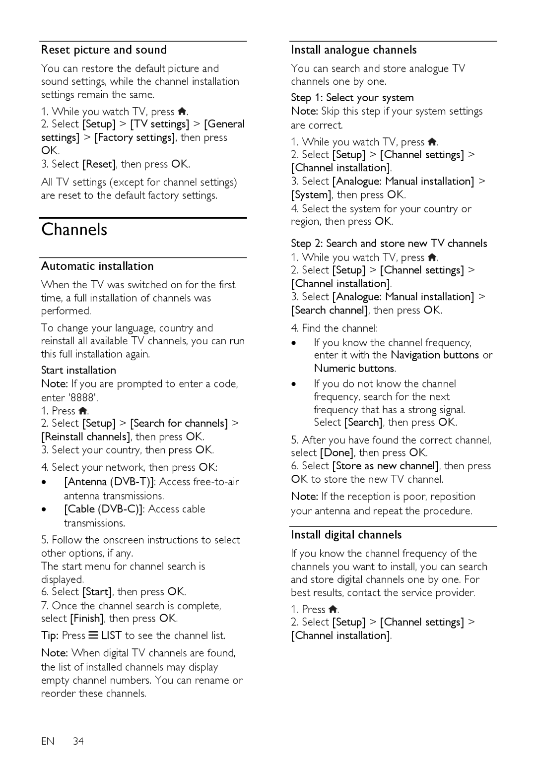 Philips 22PFL4208H/K/T user manual Channels, Reset picture and sound, Automatic installation, Install analogue channels 