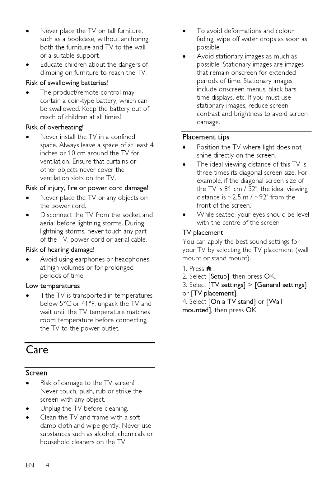 Philips 22PFL4208H/K/T, 24PFL42x8H/K/T user manual Care, Screen, Placement tips 